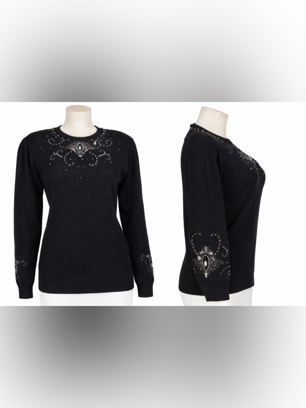Vintage 90s Elegant Beaded Angora Wool Sweater - Black - S
